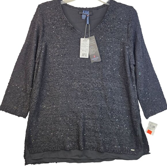 FDJ French Dressing Sequined Tunic Medium Black Sparkle NYE Dainty Fairy y2k New - Picture 1 of 7